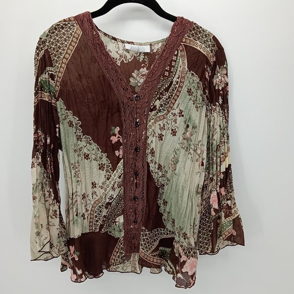Fairycore Tunic Top XL Green Brown Lace Trim Bell Sleeve Blouse Boho Forest